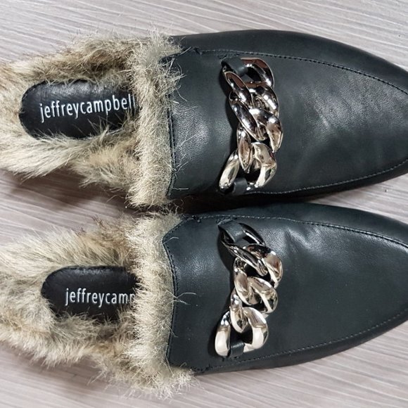 Jeffrey Campbell 'Apfel' Mule Black Leather With Faux Fur,  Womens Size 6.5 - Picture 1 of 6